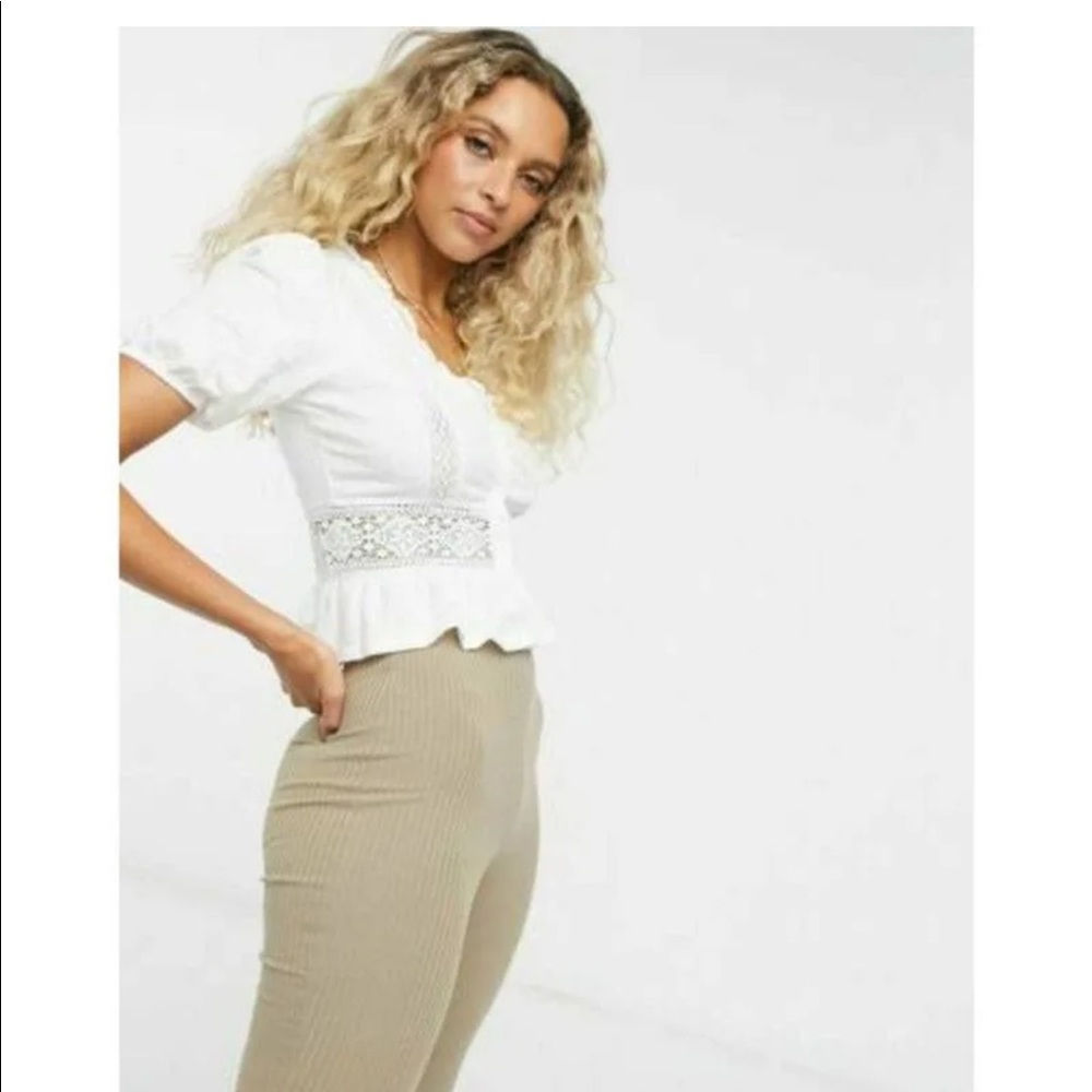 White Peplum Blouse with Crochet Trim